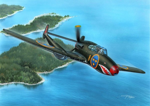 Saab J 21A-1 Single-seat Fighter Monoplane of F 8 Wing [1946].
Художник - Stan Hajek / Painting by Artist Stan Hajek